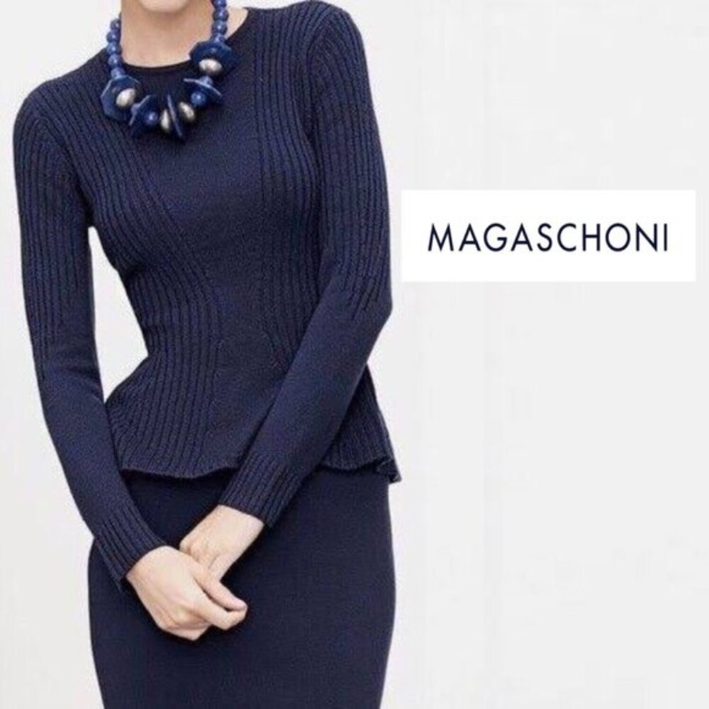 Magaschoni Medium Wool Sweater Pullover Top Peplum Navy Blue Ribbed Long Sleeve